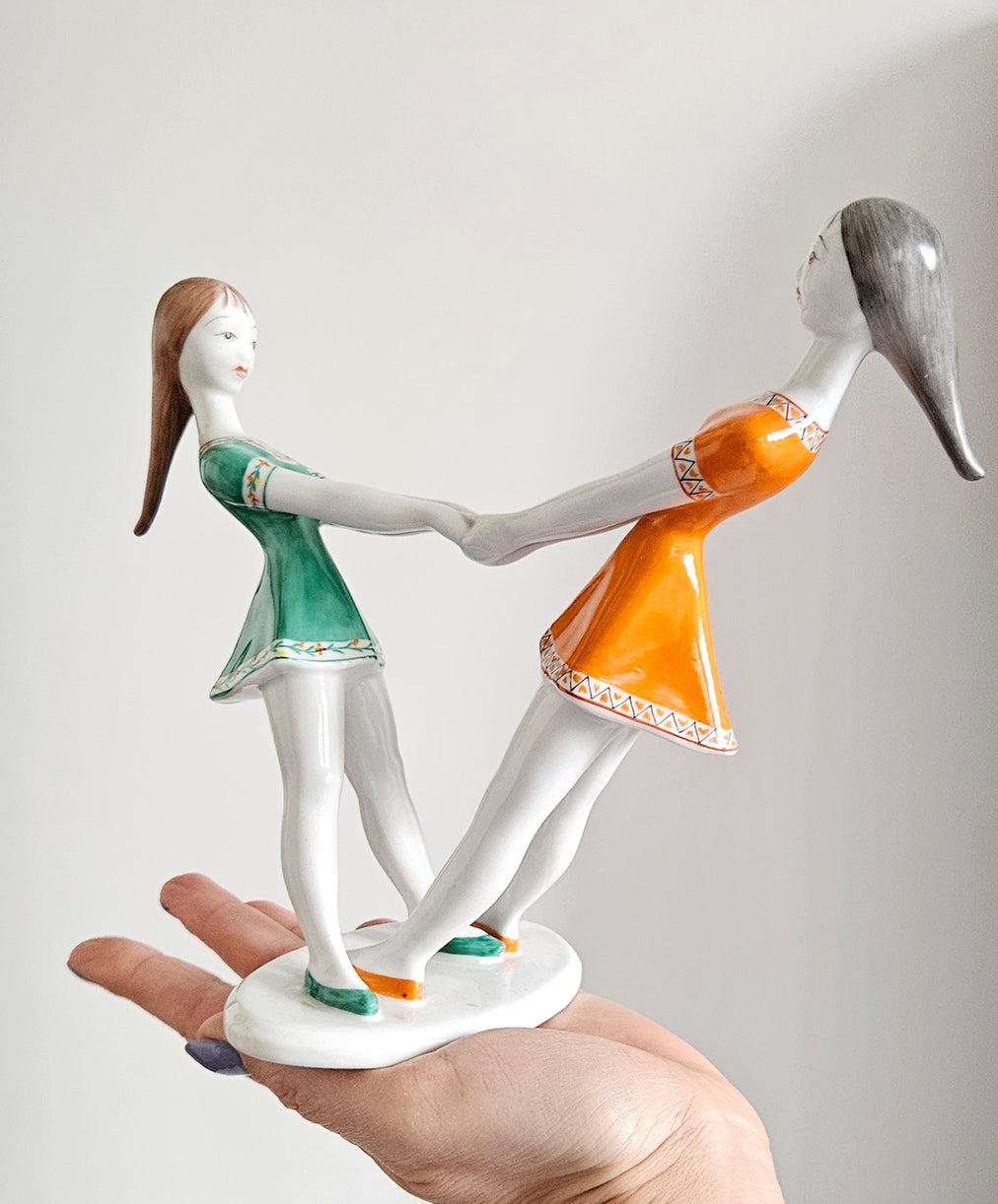 Rare Vintage Hollohaza Porcelain Spinning Girls Figurine - Made in Hungary