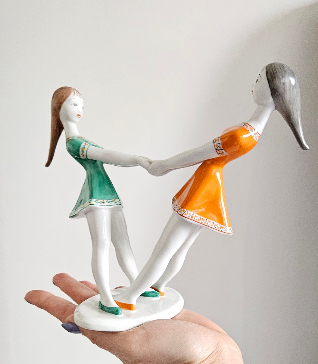Rare Vintage Hollohaza Porcelain Spinning Girls Figurine - Made in Hungary
