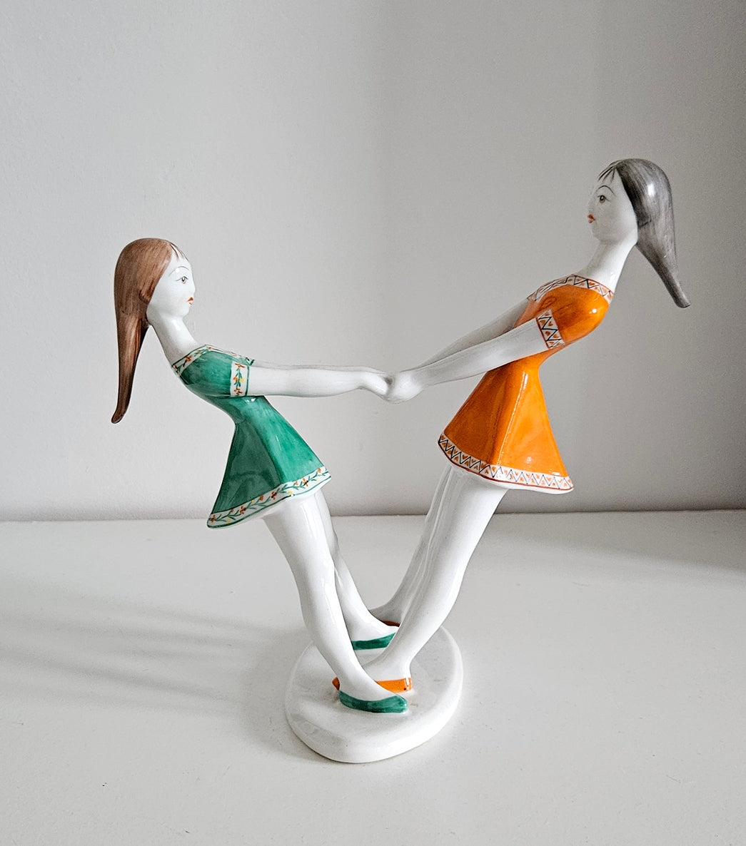 Rare Vintage Hollohaza Porcelain Spinning Girls Figurine - Made in Hungary