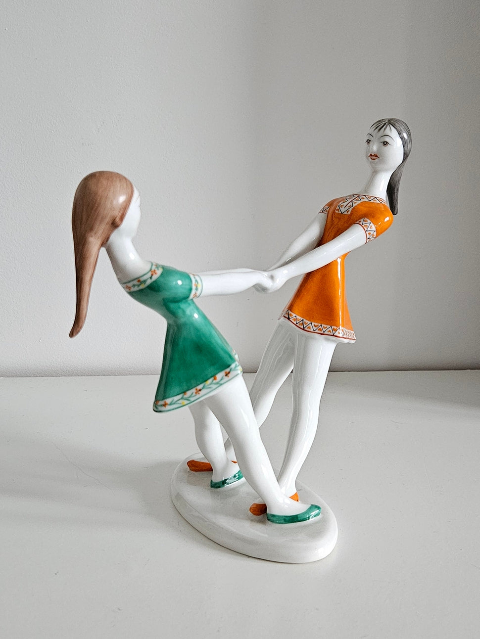 Rare Vintage Hollohaza Porcelain Spinning Girls Figurine - Made in Hungary