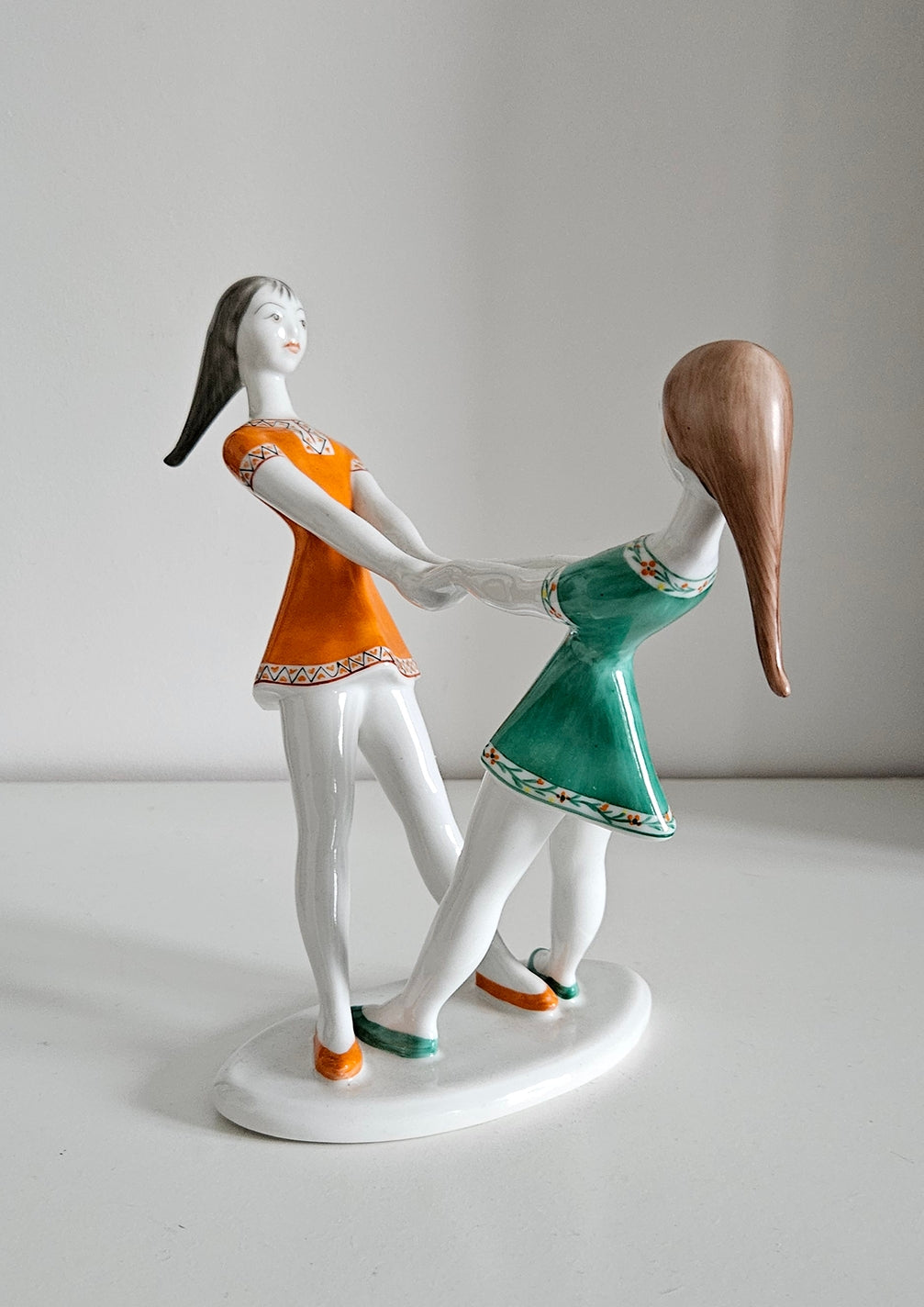 Rare Vintage Hollohaza Porcelain Spinning Girls Figurine - Made in Hungary