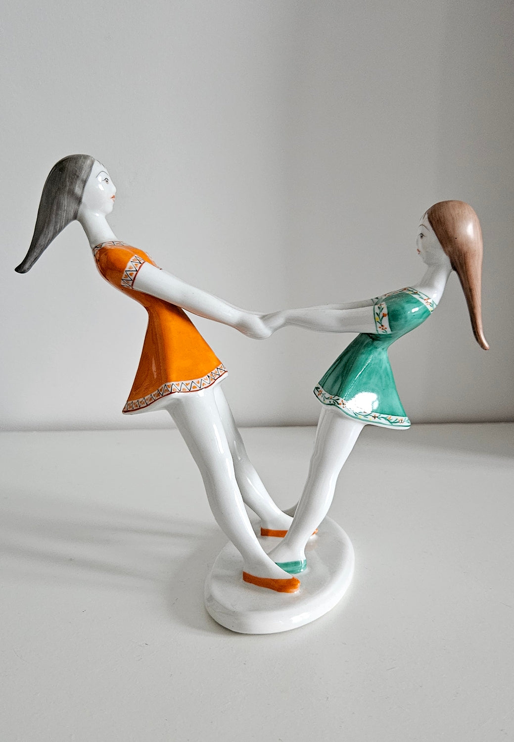 Rare Vintage Hollohaza Porcelain Spinning Girls Figurine - Made in Hungary