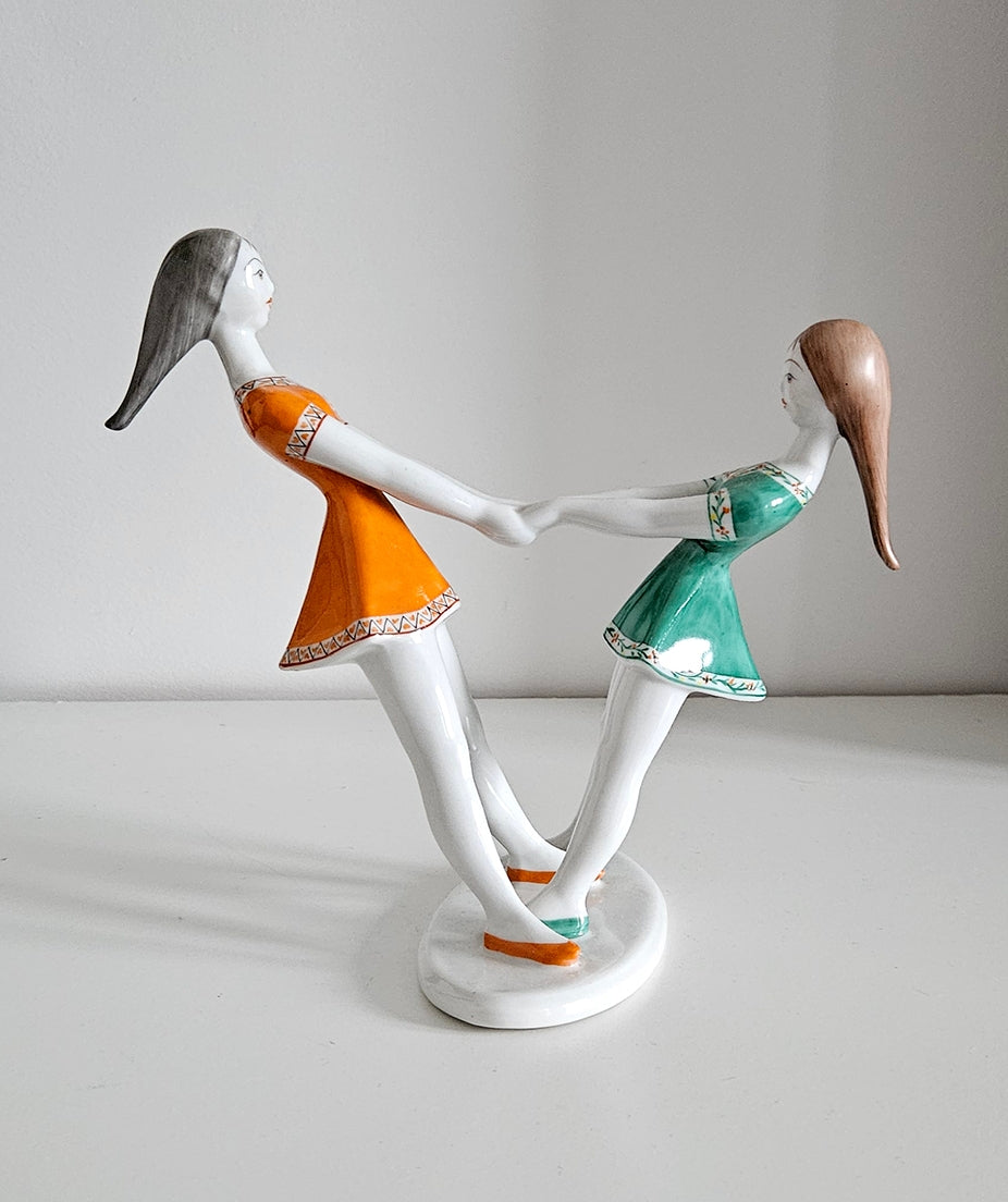 Rare Vintage Hollohaza Porcelain Spinning Girls Figurine - Made in Hungary