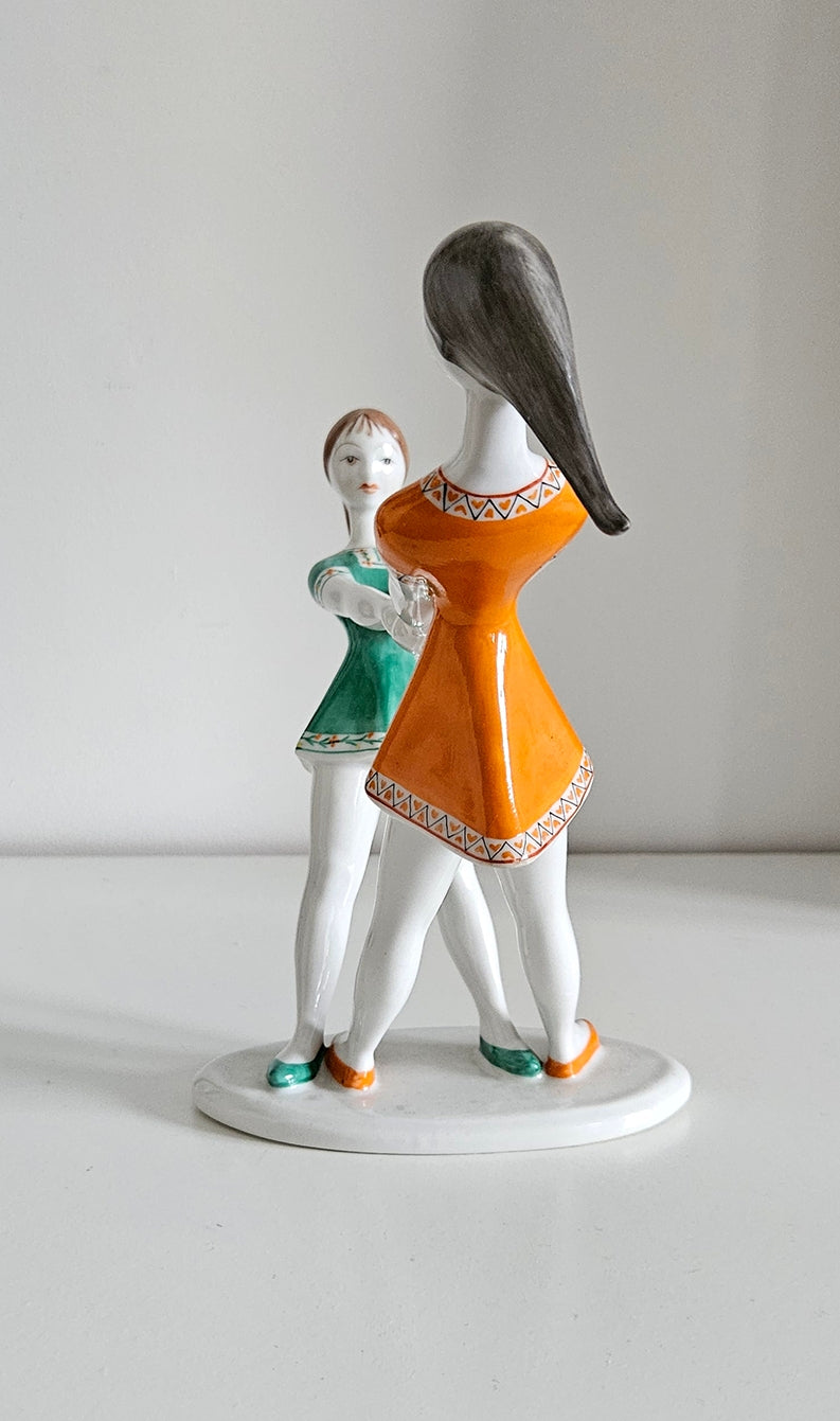 Rare Vintage Hollohaza Porcelain Spinning Girls Figurine - Made in Hungary