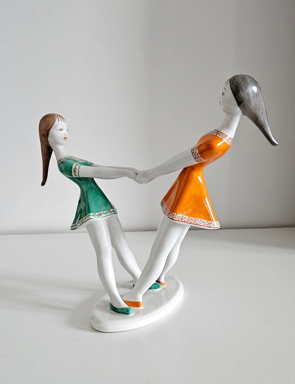 Rare Vintage Hollohaza Porcelain Spinning Girls Figurine - Made in Hungary