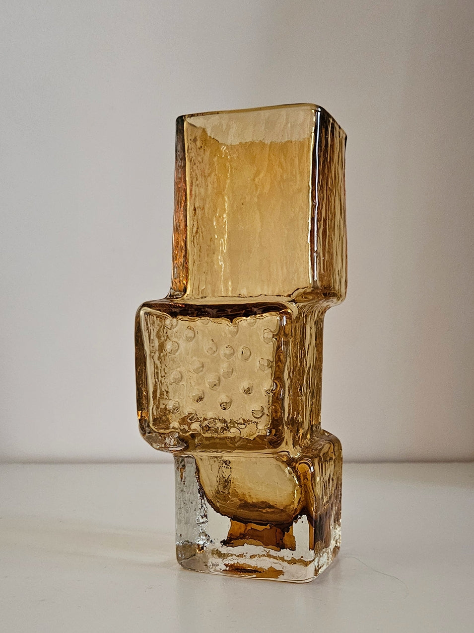Whitefriars Drunken Bricklayer Style Textured Glass Vase In Amber Colour