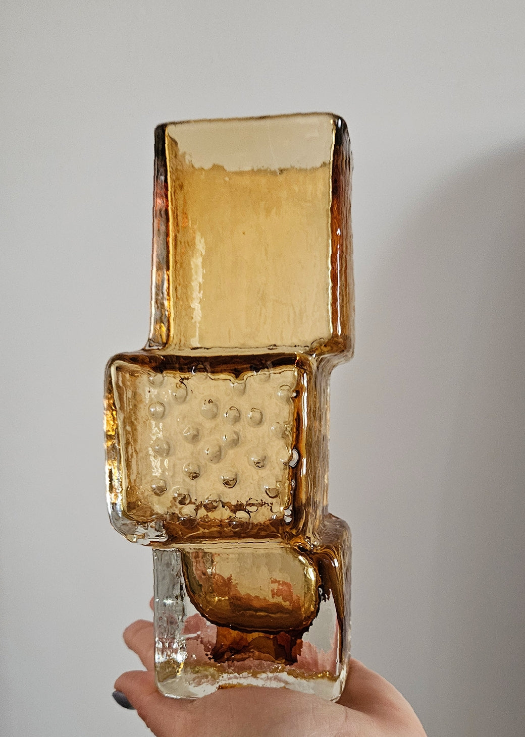 Whitefriars Drunken Bricklayer Style Textured Glass Vase In Amber Colour