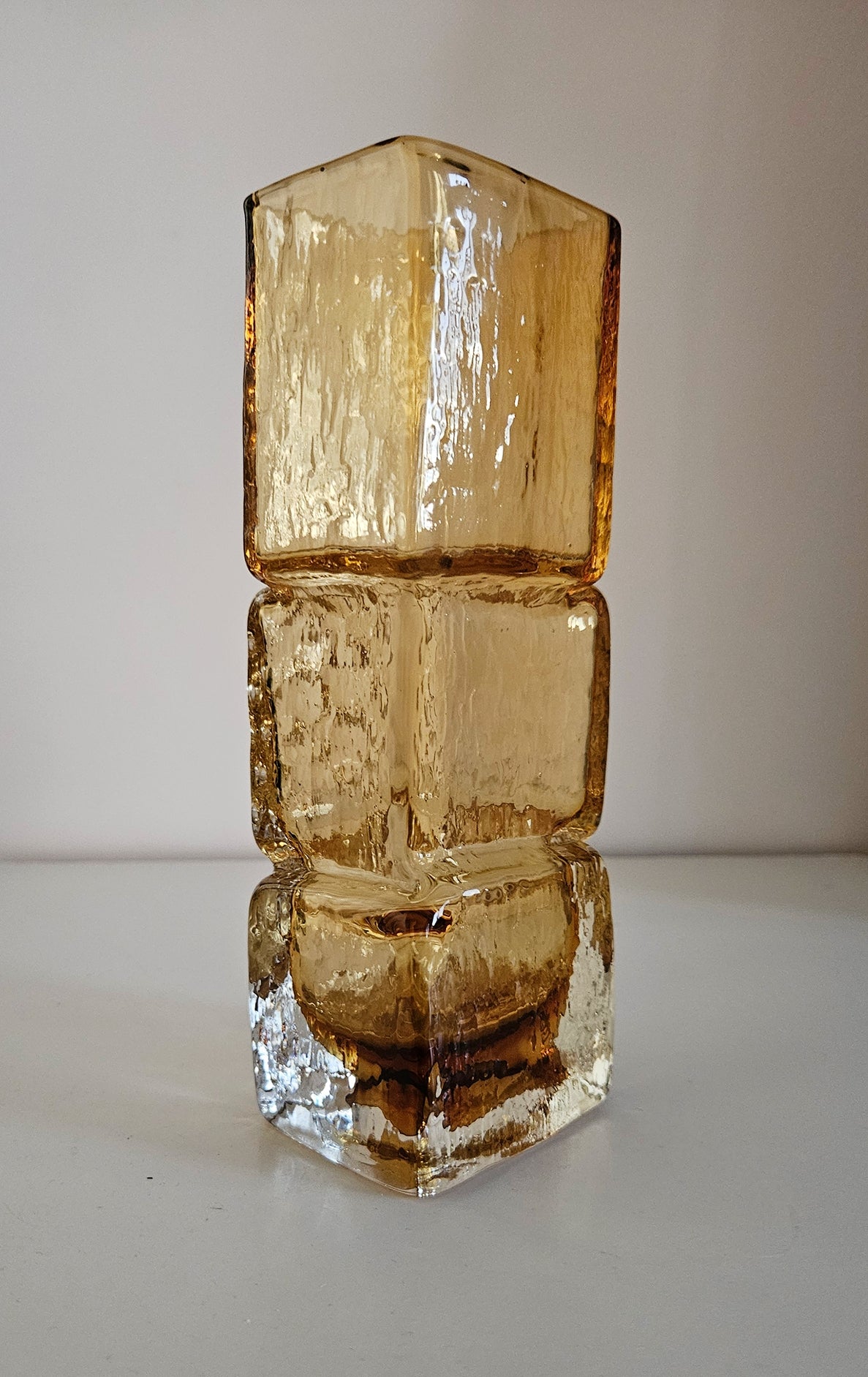 Whitefriars Drunken Bricklayer Style Textured Glass Vase In Amber Colour