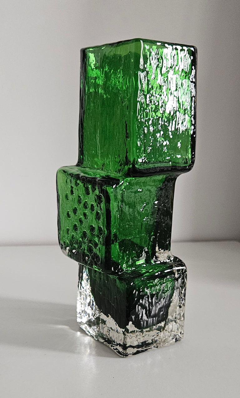 Whitefriars Drunken Bricklayer Style Textured Glass Vase In Green Colour