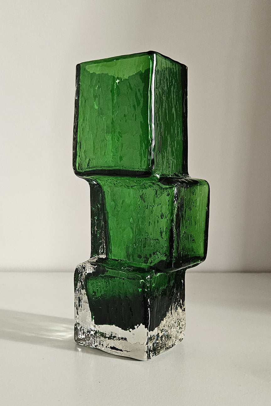 Whitefriars Drunken Bricklayer Style Textured Glass Vase In Green Colour