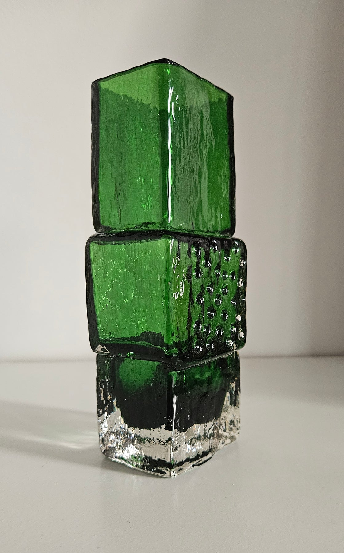 Whitefriars Drunken Bricklayer Style Textured Glass Vase In Green Colour