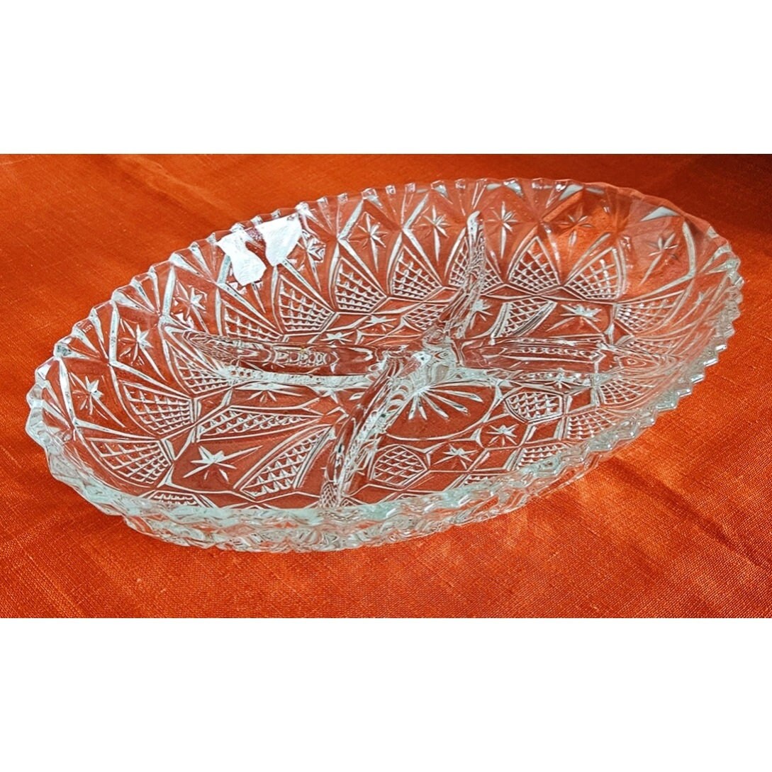 Mid Century French Lead Crystal Glass Divided Snack Server, Serving Plate/Dish
