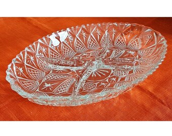Mid Century French Lead Crystal Glass Divided Snack Server, Serving Plate/Dish