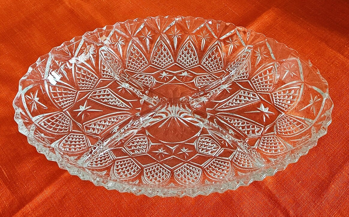 Mid Century French Lead Crystal Glass Divided Snack Server, Serving Plate/Dish