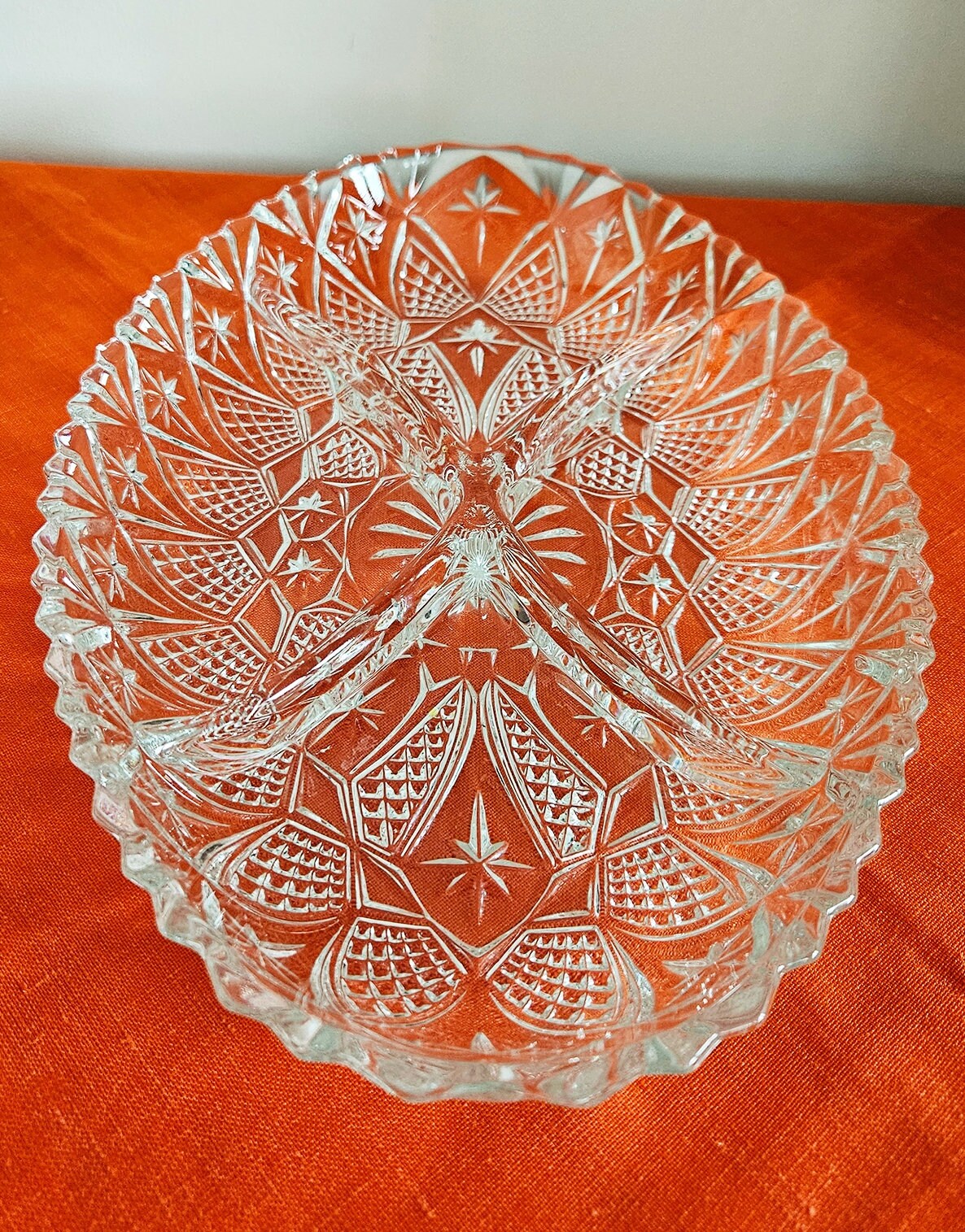 Mid Century French Lead Crystal Glass Divided Snack Server, Serving Plate/Dish