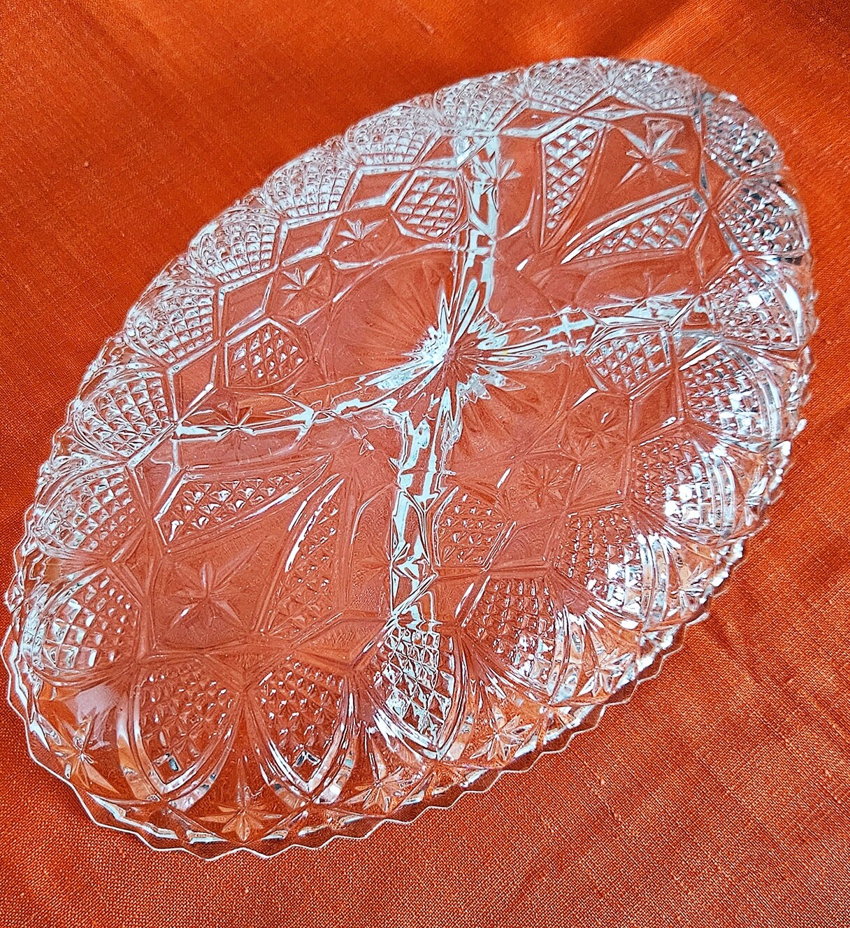 Mid Century French Lead Crystal Glass Divided Snack Server, Serving Plate/Dish