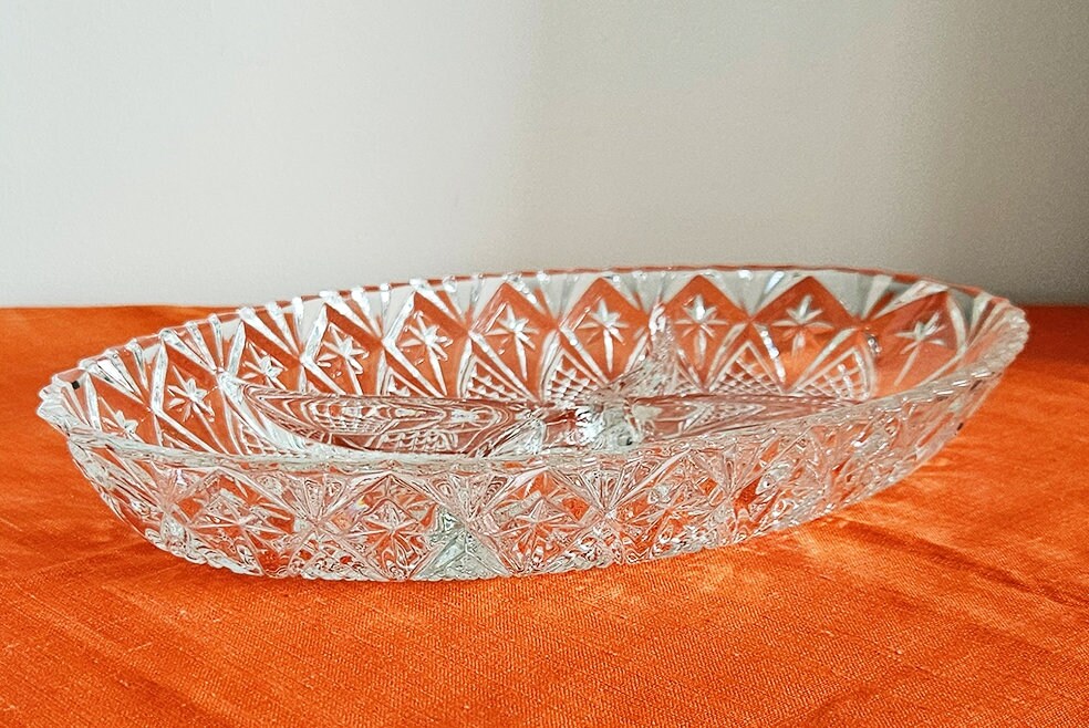 Mid Century French Lead Crystal Glass Divided Snack Server, Serving Plate/Dish