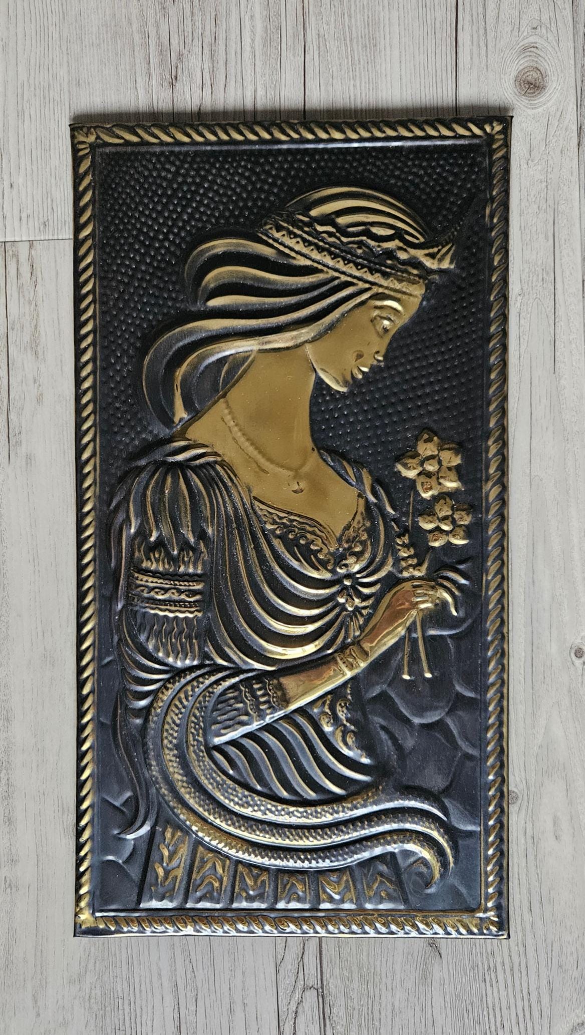 Vintage Soviet Embossed Metal Copper Wall Hanging Plaque