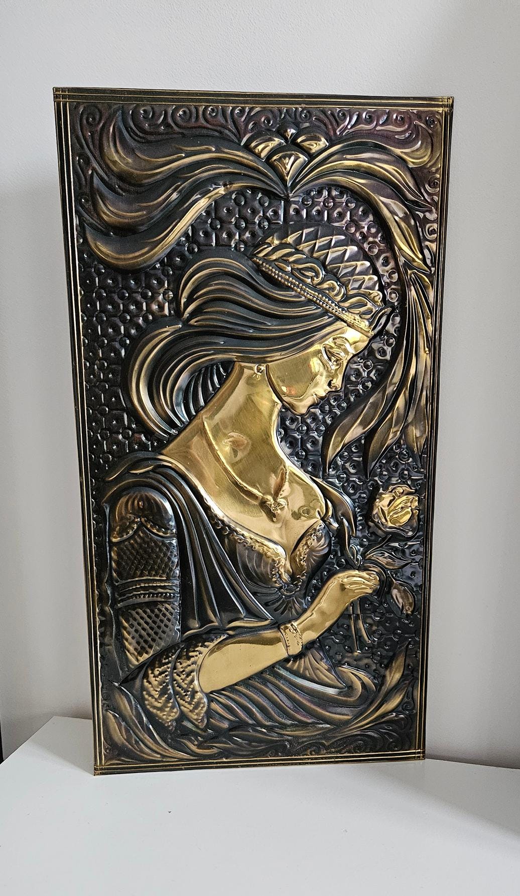 Vintage Soviet Embossed Metal Copper Wall Hanging Plaque