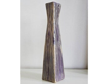 Retro Purple & Beige Stripe Design Ceramic Vase With Ribbed Texture