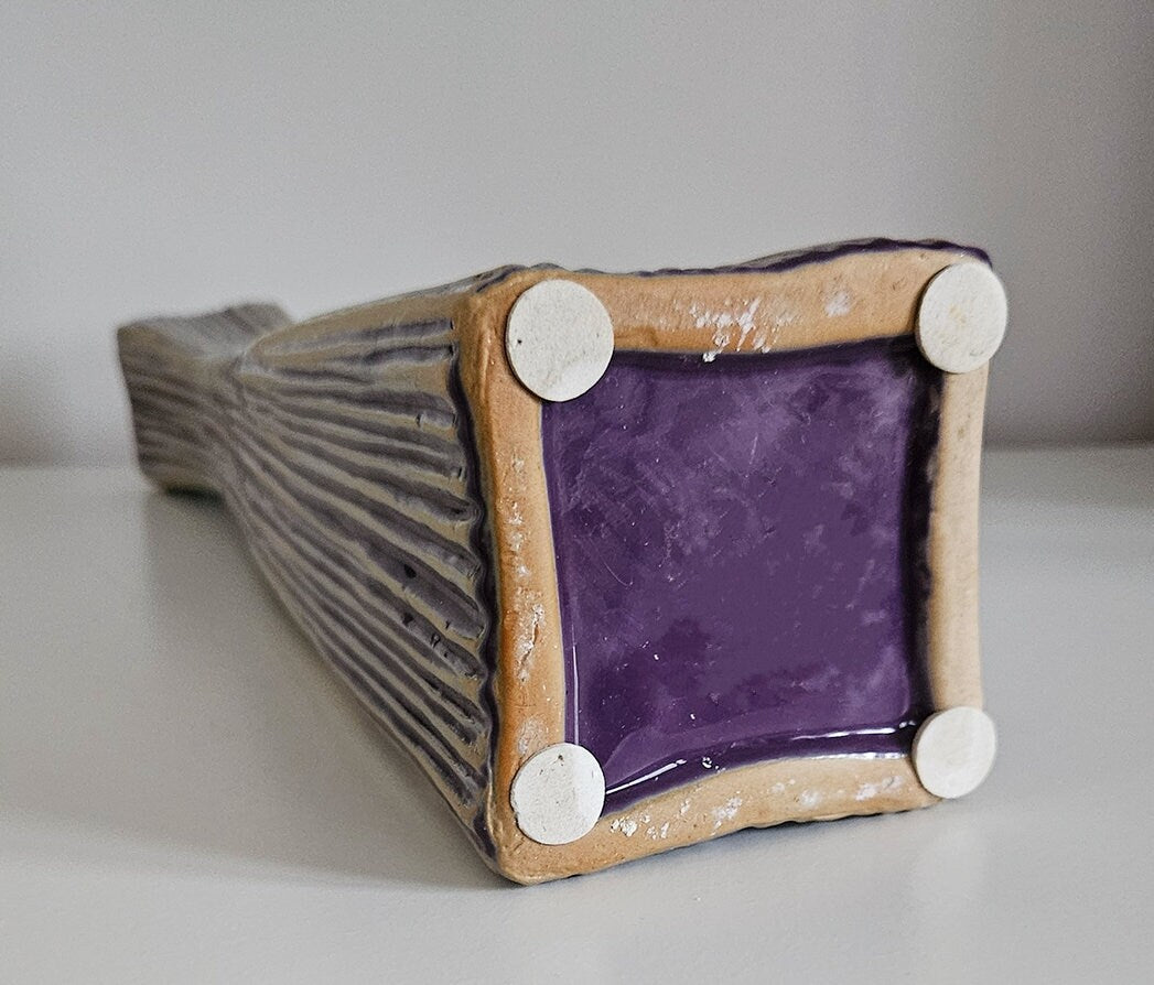Retro Purple & Beige Stripe Design Ceramic Vase With Ribbed Texture