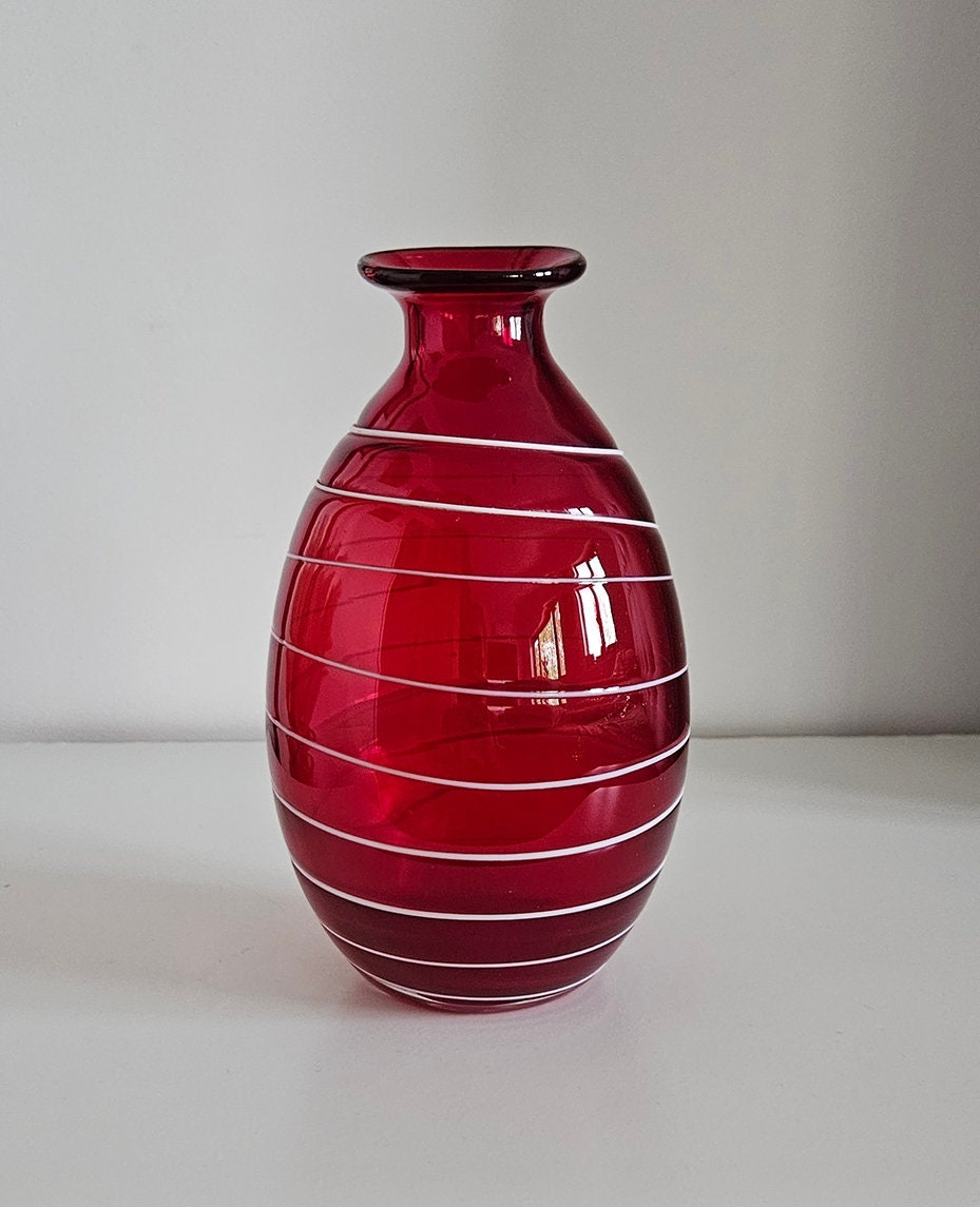 Retro Ruby Red Striped Art Glass Vase