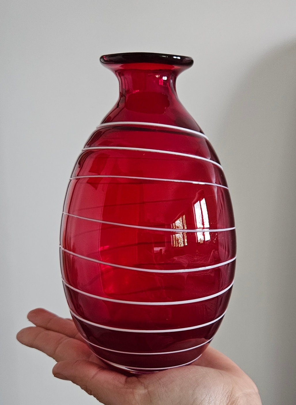 Retro Ruby Red Striped Art Glass Vase