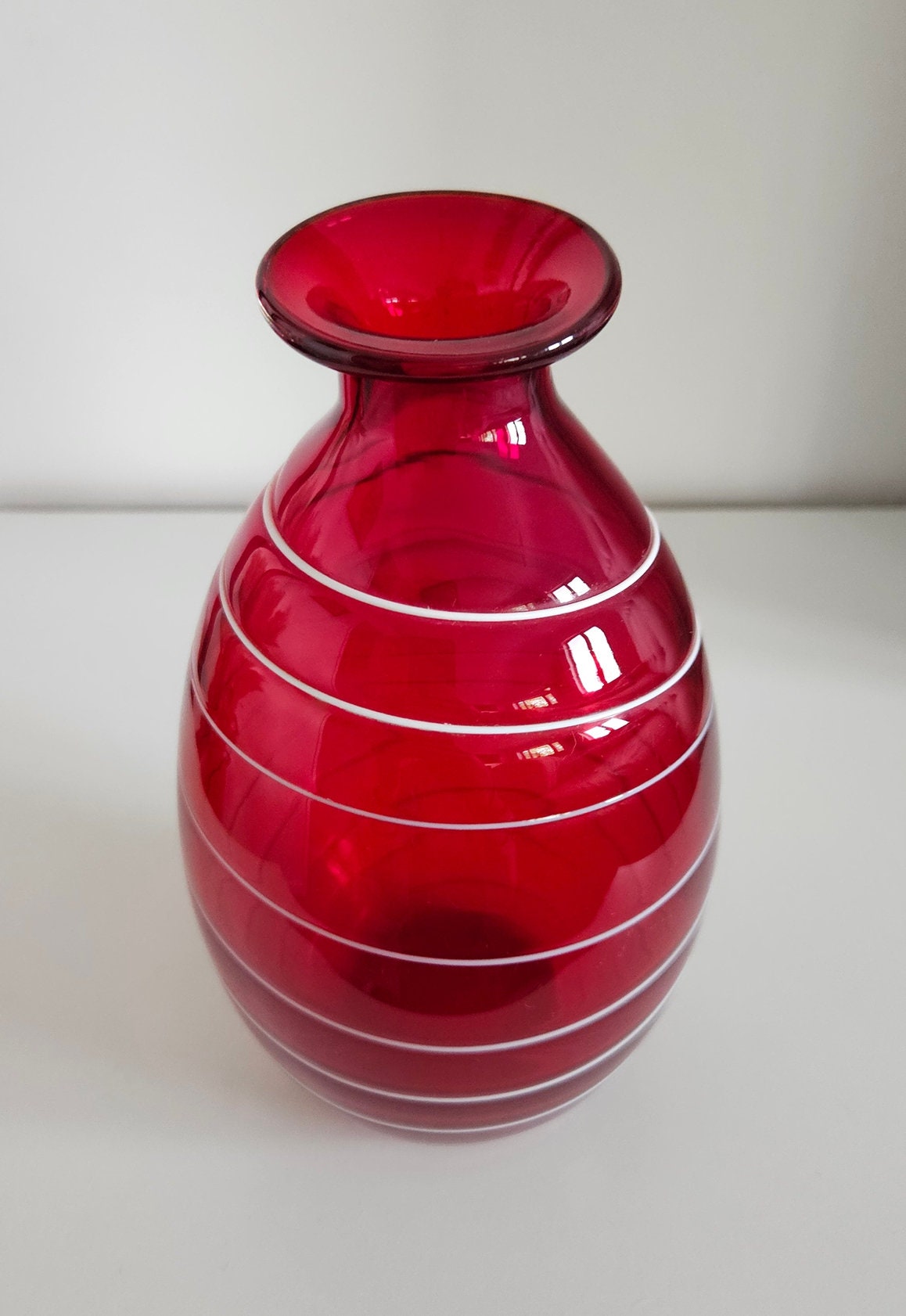 Retro Ruby Red Striped Art Glass Vase