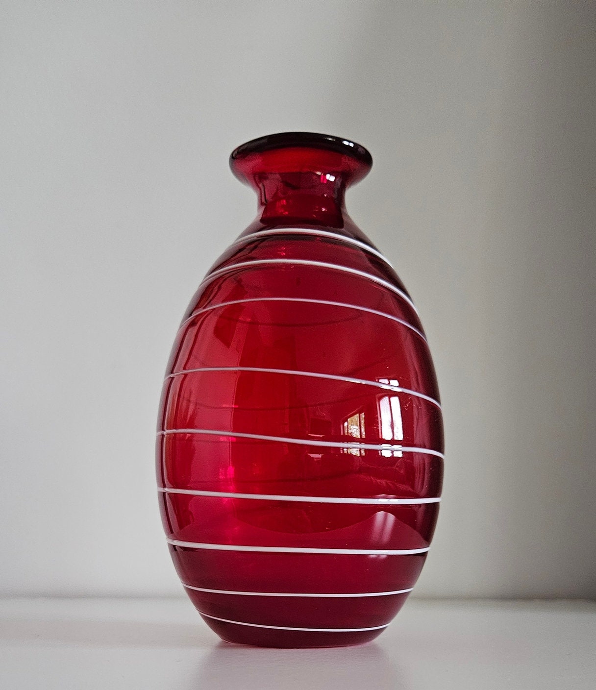 Retro Ruby Red Striped Art Glass Vase