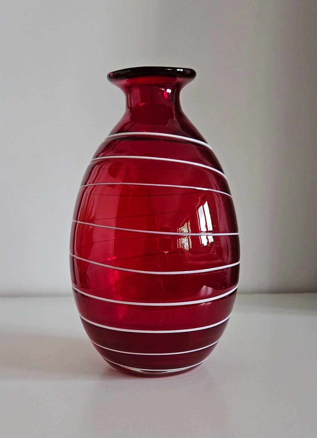 Retro Ruby Red Striped Art Glass Vase