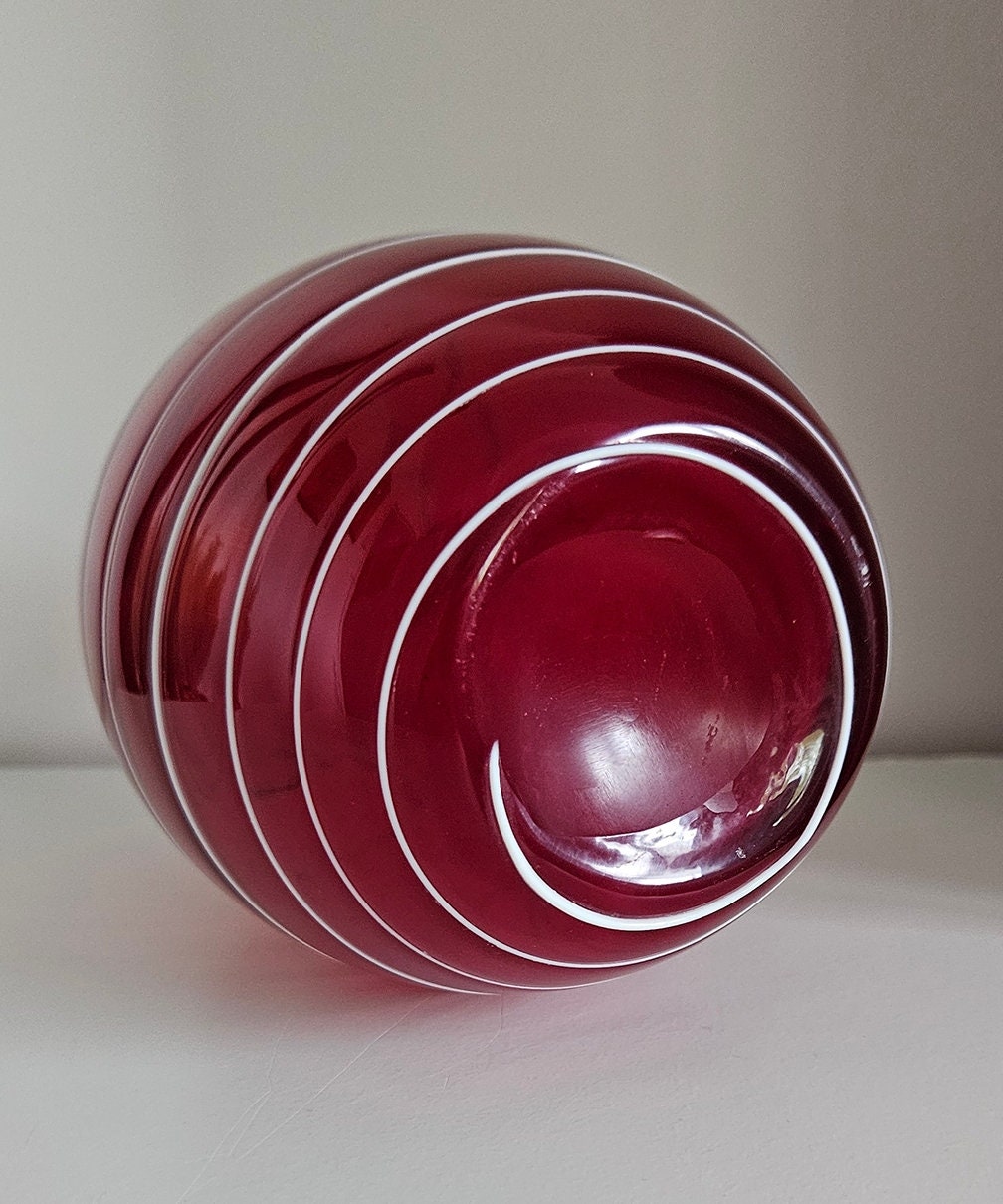 Retro Ruby Red Striped Art Glass Vase