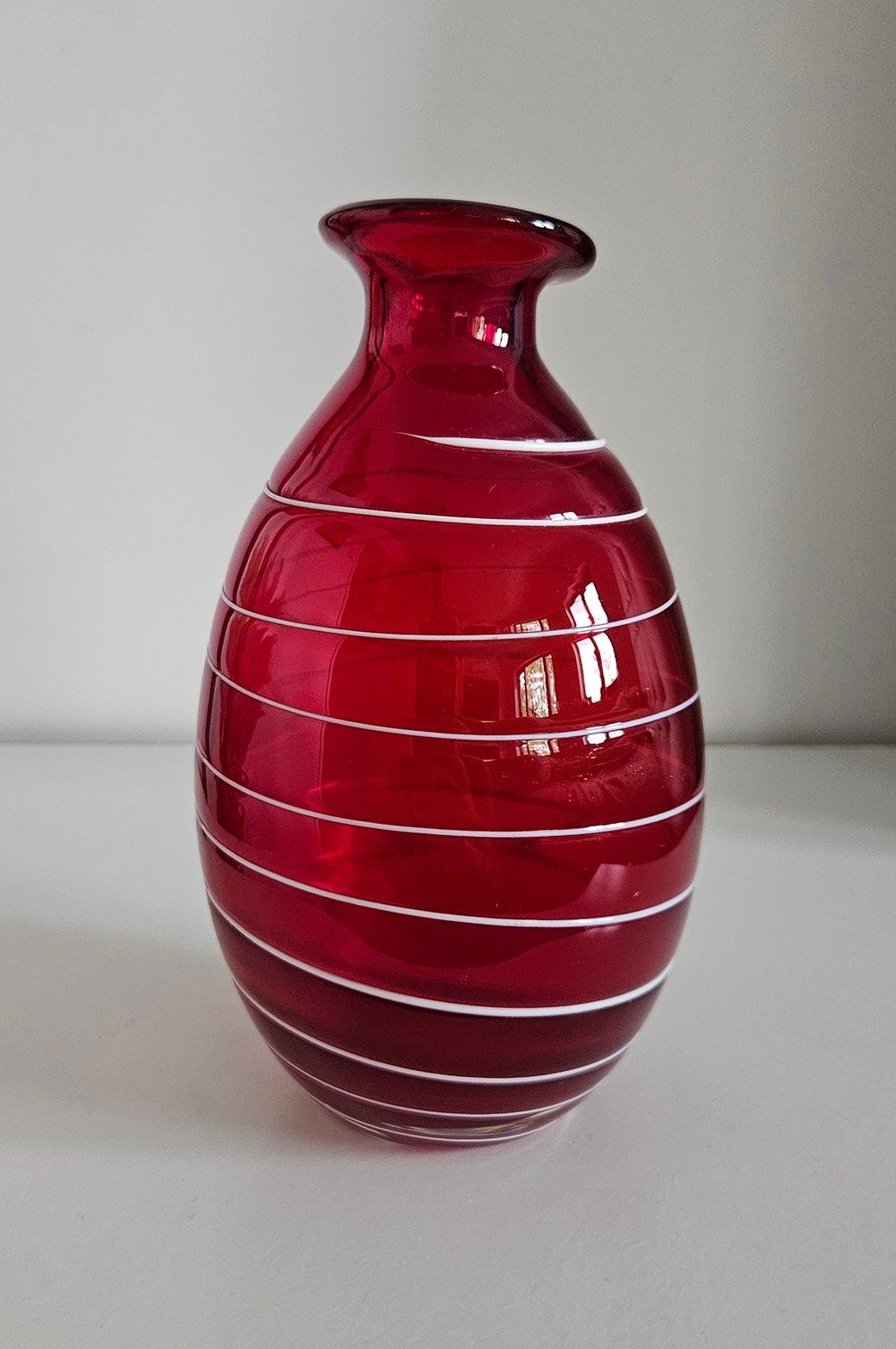 Retro Ruby Red Striped Art Glass Vase