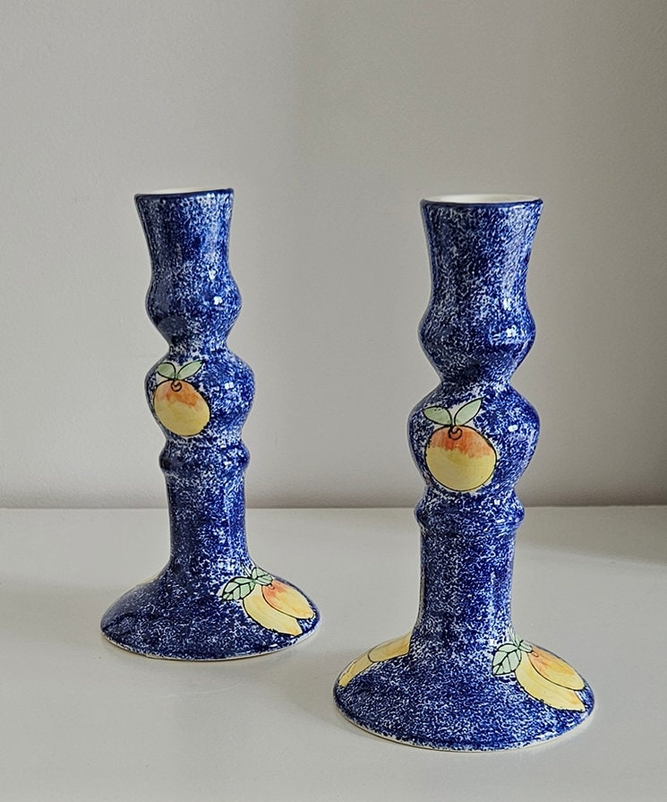 Pair Of Vintage Hand-Painted Candlestick Holders