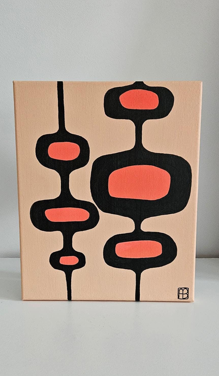 Mid Century Modern Retro Inspired Abstract Acrylic Painting, Original Space Age MCM Style Art