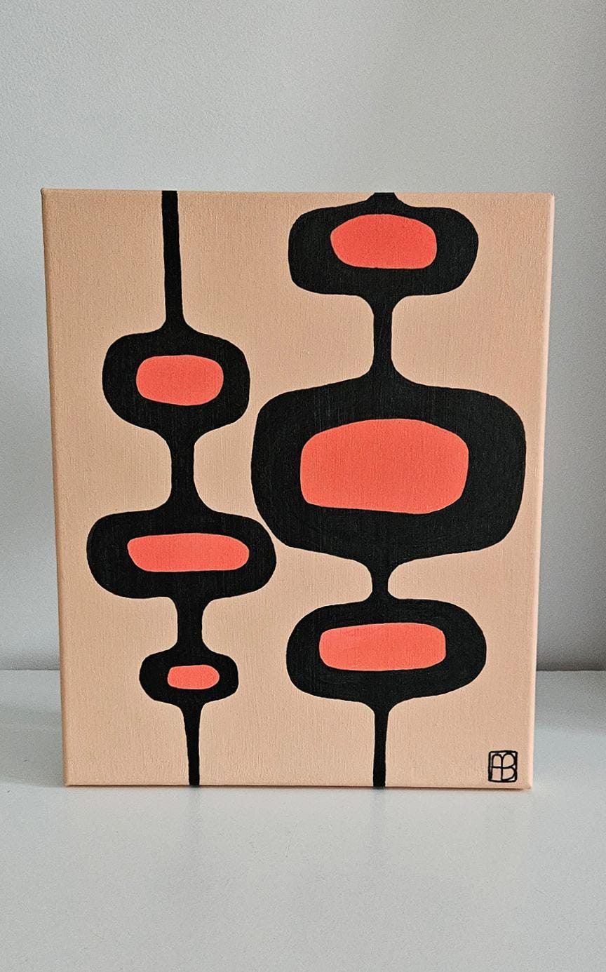 Mid Century Modern Retro Inspired Abstract Acrylic Painting, Original Space Age MCM Style Art
