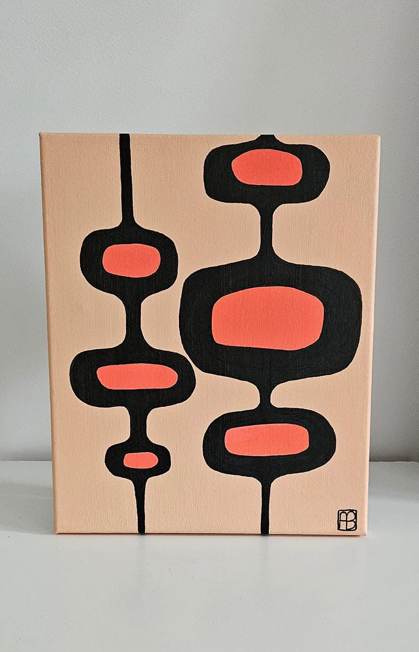 Mid Century Modern Retro Inspired Abstract Acrylic Painting, Original Space Age MCM Style Art