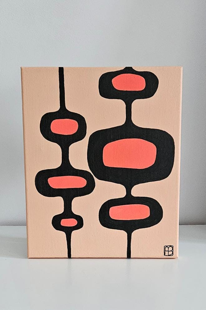 Mid Century Modern Retro Inspired Abstract Acrylic Painting, Original Space Age MCM Style Art