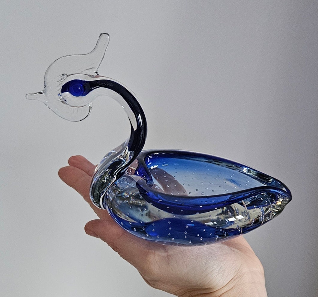 Vintage Blue & Clear Controlled Bubble Glass Swan Dish