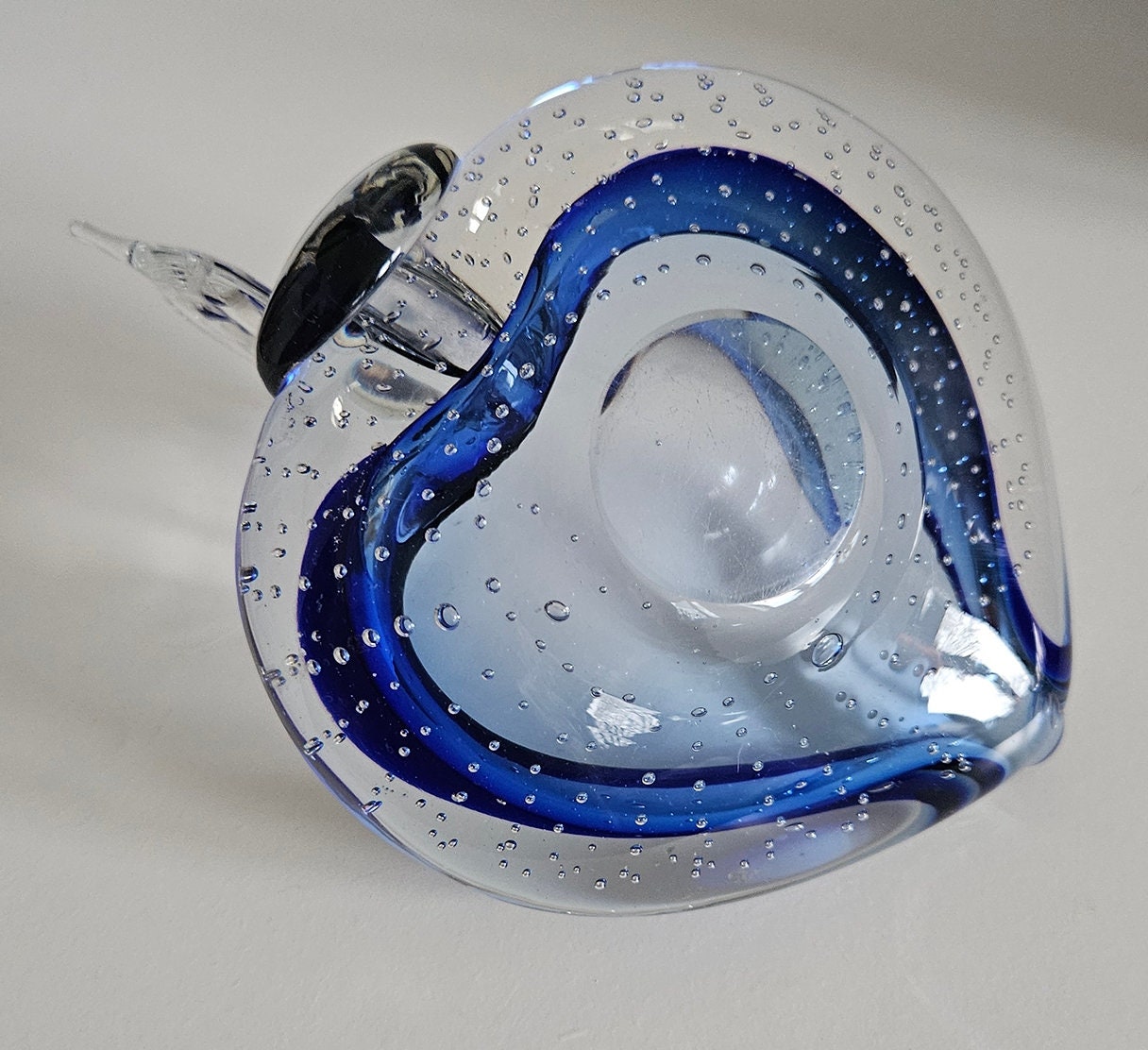 Vintage Blue & Clear Controlled Bubble Glass Swan Dish
