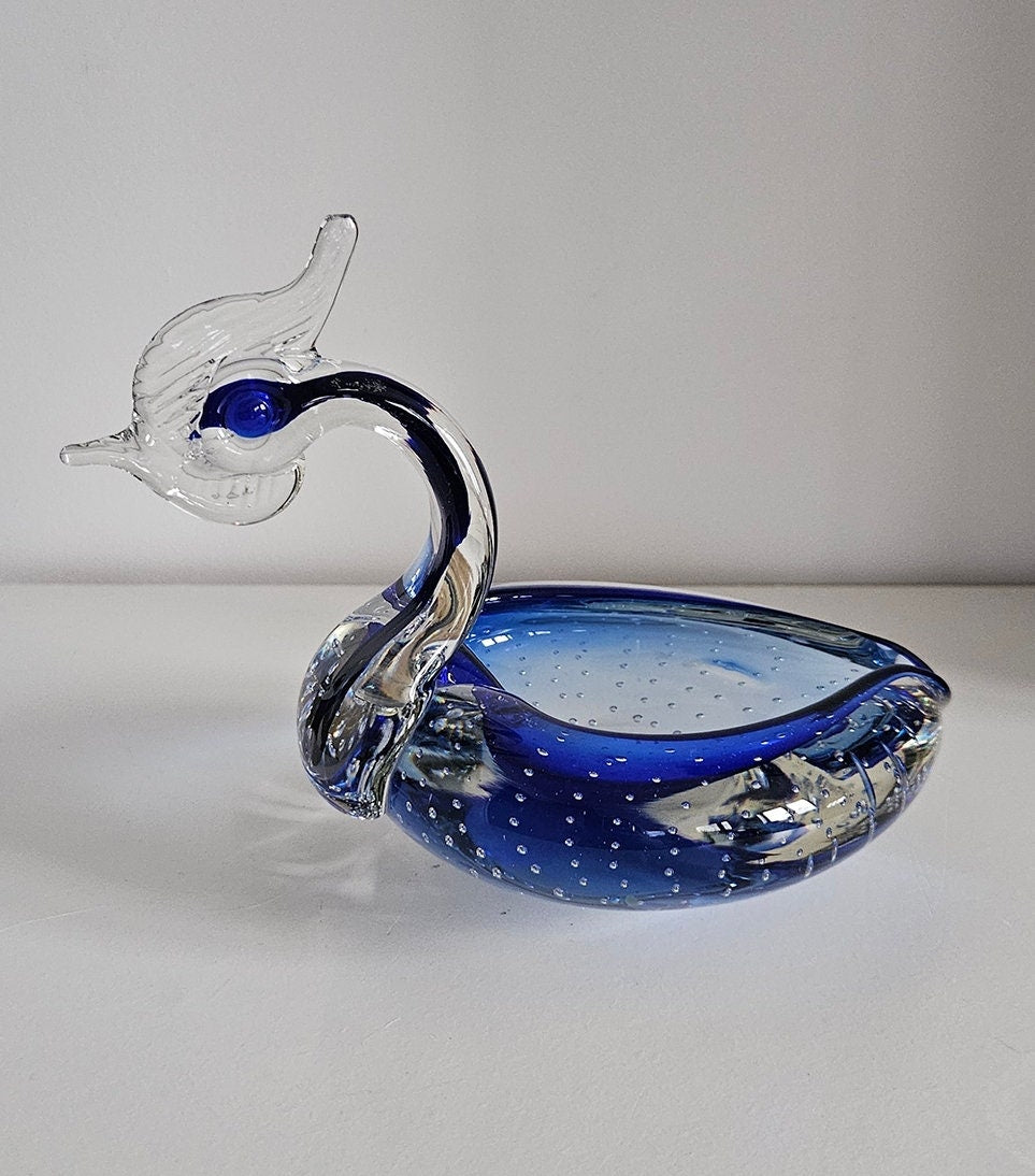 Vintage Blue & Clear Controlled Bubble Glass Swan Dish