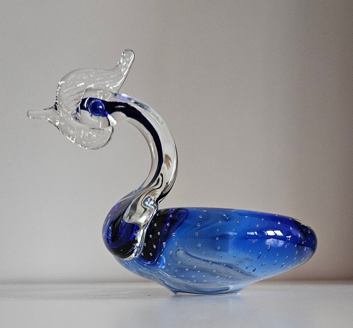 Vintage Blue & Clear Controlled Bubble Glass Swan Dish