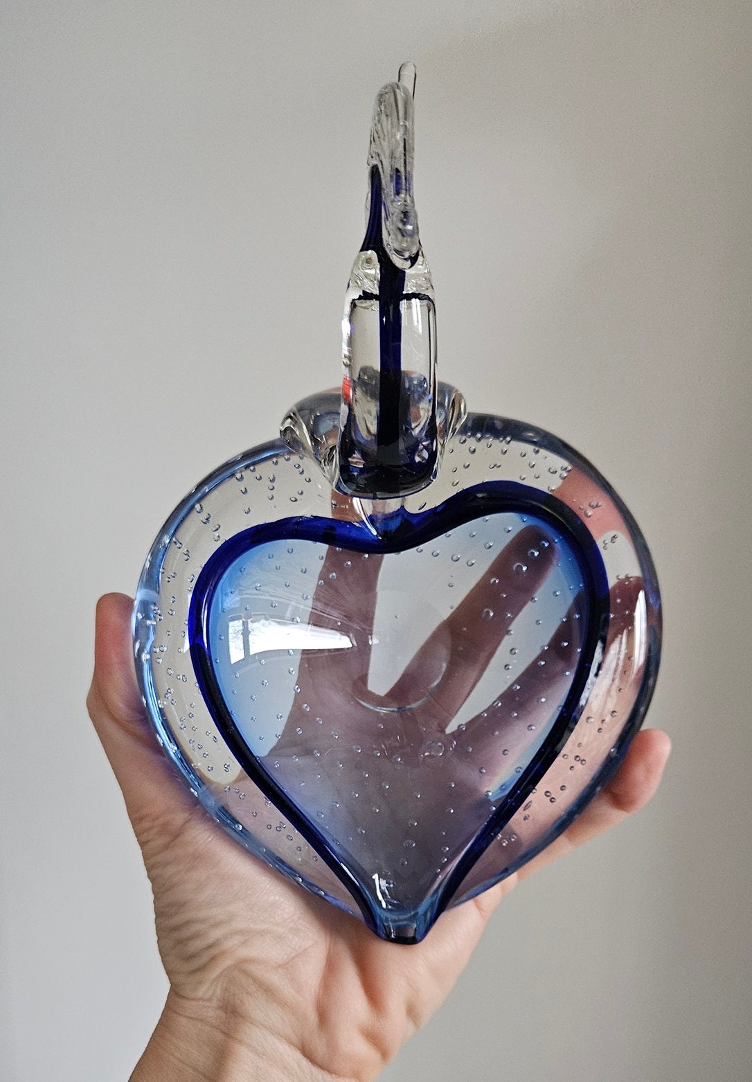 Vintage Blue & Clear Controlled Bubble Glass Swan Dish