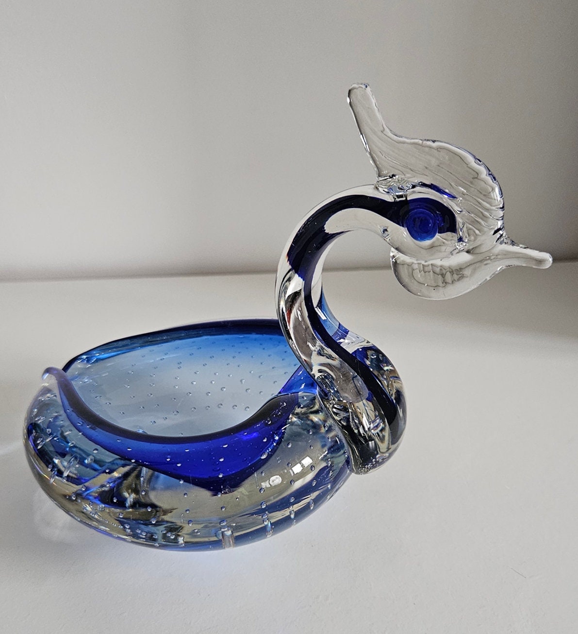 Vintage Blue & Clear Controlled Bubble Glass Swan Dish