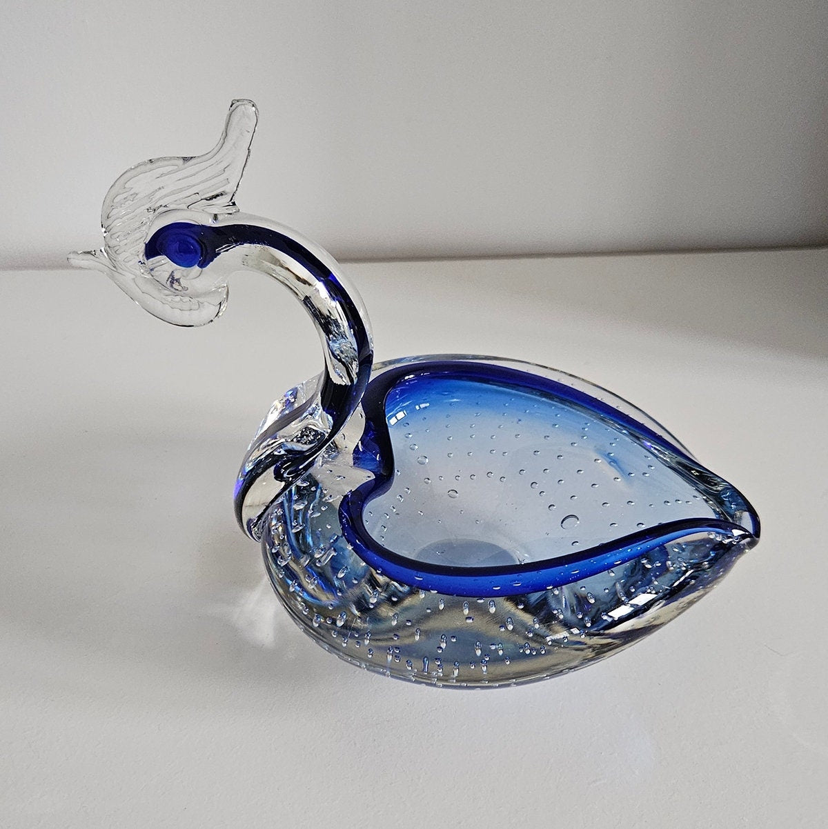 Vintage Blue & Clear Controlled Bubble Glass Swan Dish