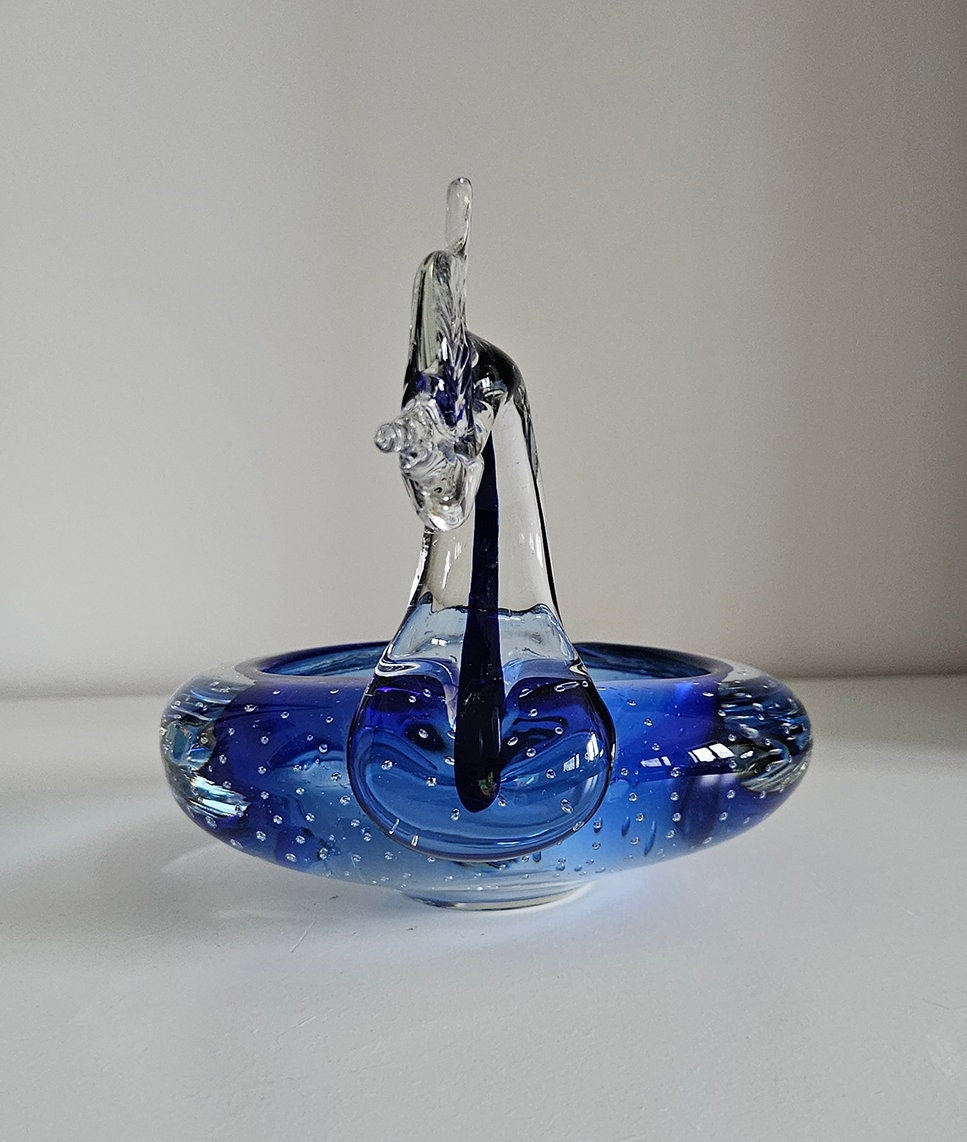 Vintage Blue & Clear Controlled Bubble Glass Swan Dish