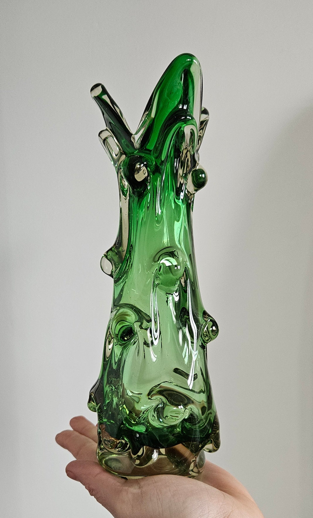 Mid Century Green Knobbly Design Glass Vase