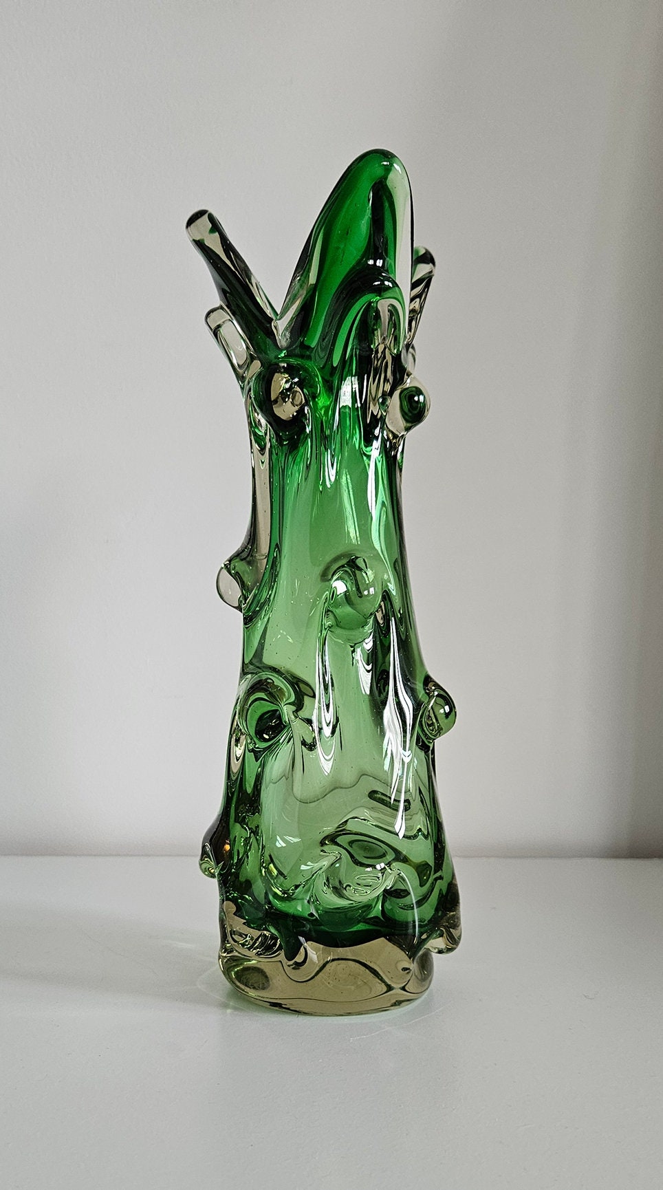 Mid Century Green Knobbly Design Glass Vase