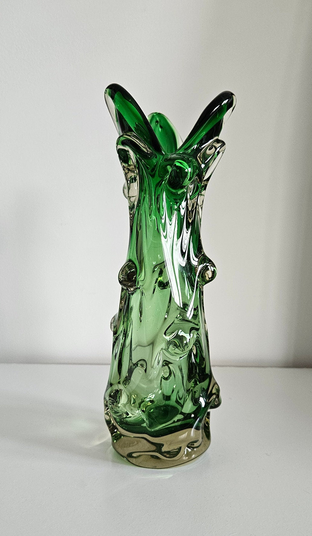 Mid Century Green Knobbly Design Glass Vase