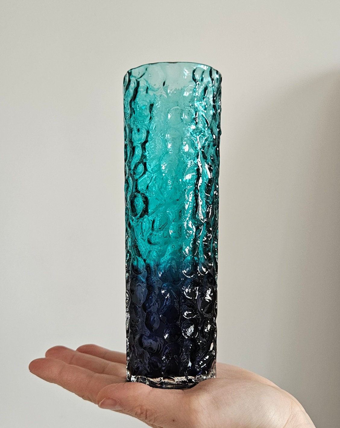 Mid-Century Japanese Textured Bark Blue Glass Vase
