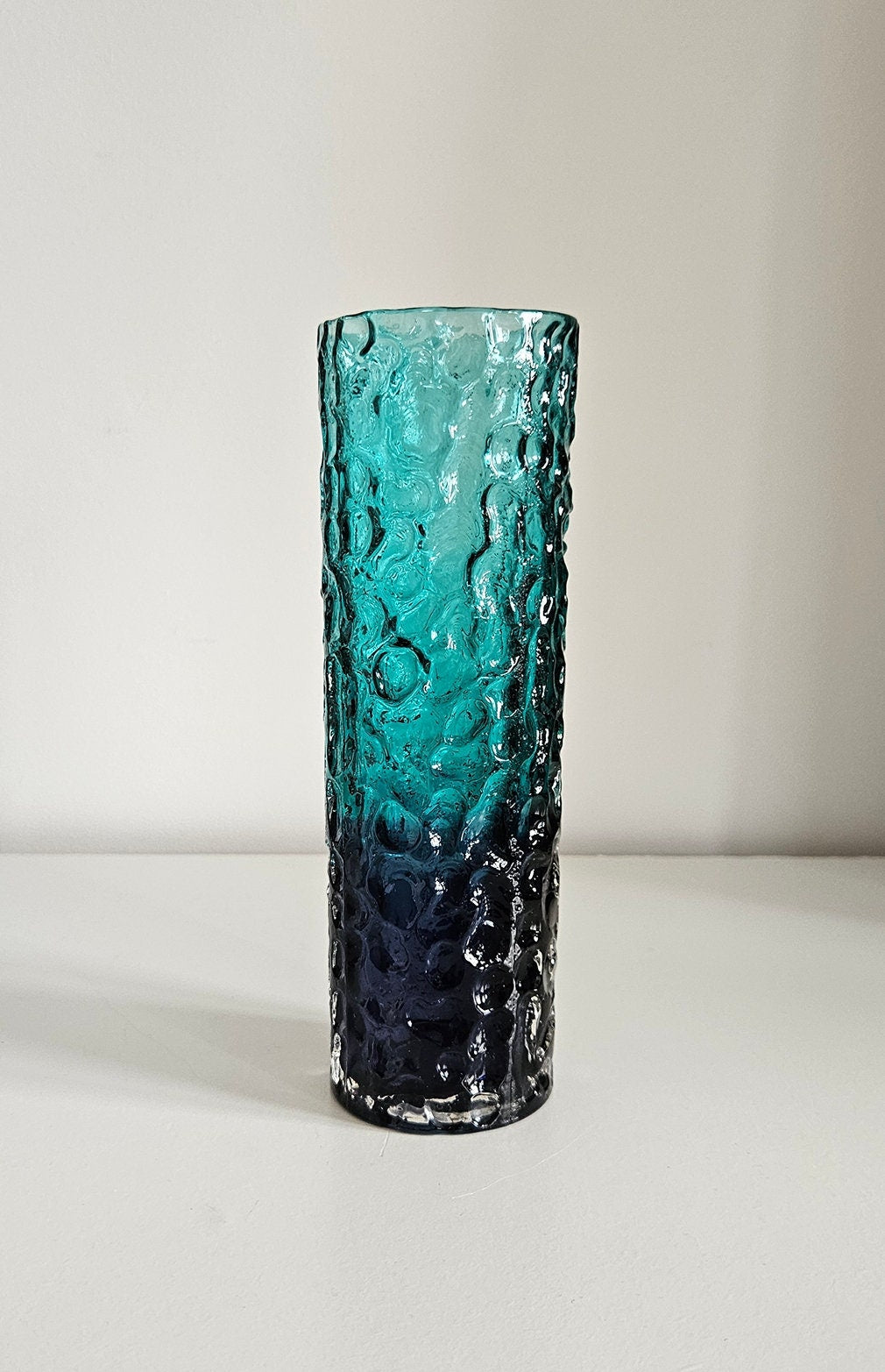 Mid-Century Japanese Textured Bark Blue Glass Vase